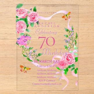 Einladung zum 70. Geburtstag mit rosa Rosenband