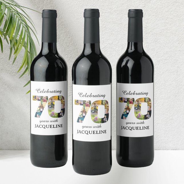 Einladung zum 70. Geburtstag Weinetikett (70th birthday personalized wine bottle labels with family photo collage template.)