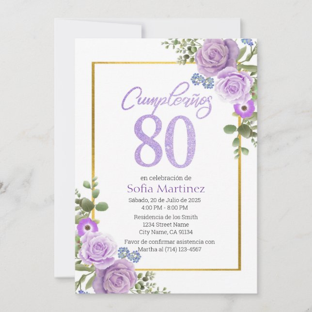 Einladung zum 80. Geburtstag - Thema Lila Blume (Vorderseite)