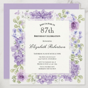 Einladung zum 87. Geburtstag Elegante lila Blumen