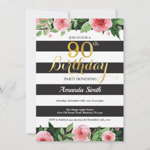 Einladung zum 90. Geburtstag Frauen. Florales Gold