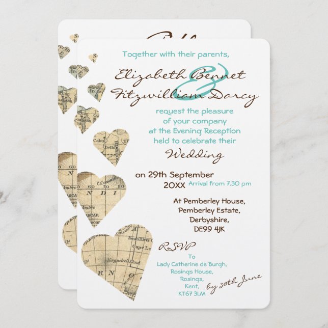 Einladung zum Abend Vintag Map Hearts (Vorne/Hinten)