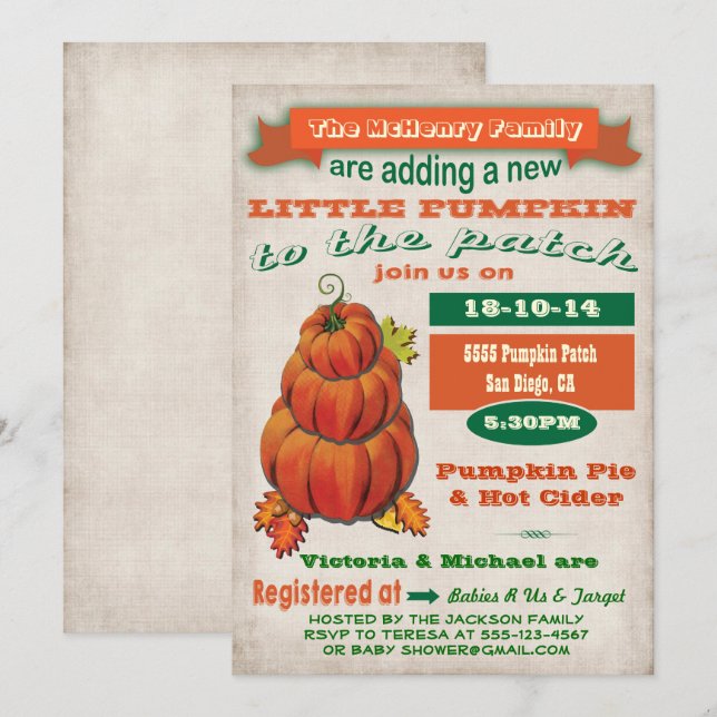 Einladung zum Autumn Little Pumpkin Baby Shower (Vorne/Hinten)