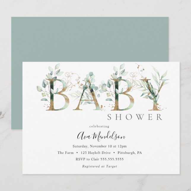 Einladung zum Baby-Duschbad Gold und Eukalyptus (Vorne/Hinten)