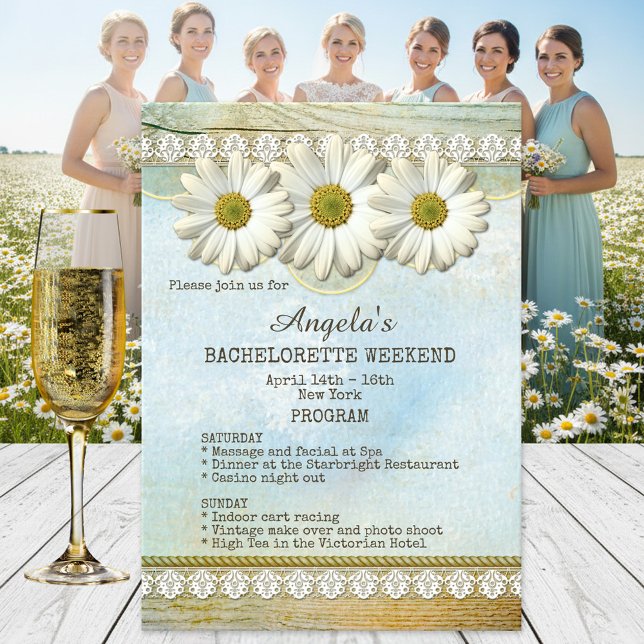 Einladung zum Bachelorette-Wochenende-Programm (Bachelorette weekend getaway program template with a boho chic design with daisies on rustic wood)