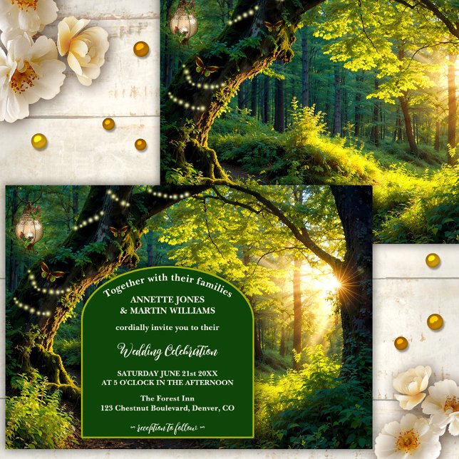 Einladung zum bezaubernden Waldfest (Elegant wedding invitation showing a path in an enchanted forest with festive lights and butterflies)