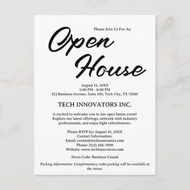 Einladung zum Black & White Business Open House Postkarte (Vorderseite)