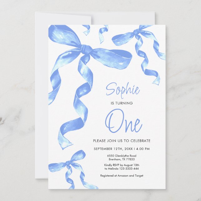 Einladung zum Blue Bow zum 1. Geburtstag (Vorderseite)
