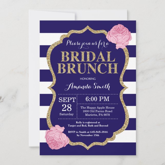 Einladung zum Brunch von Navy Blue und Gold Bridal (Vorderseite)