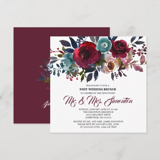 Einladung zum Brunch von Red Burgundy Floral Post  (Vorne/Hinten)