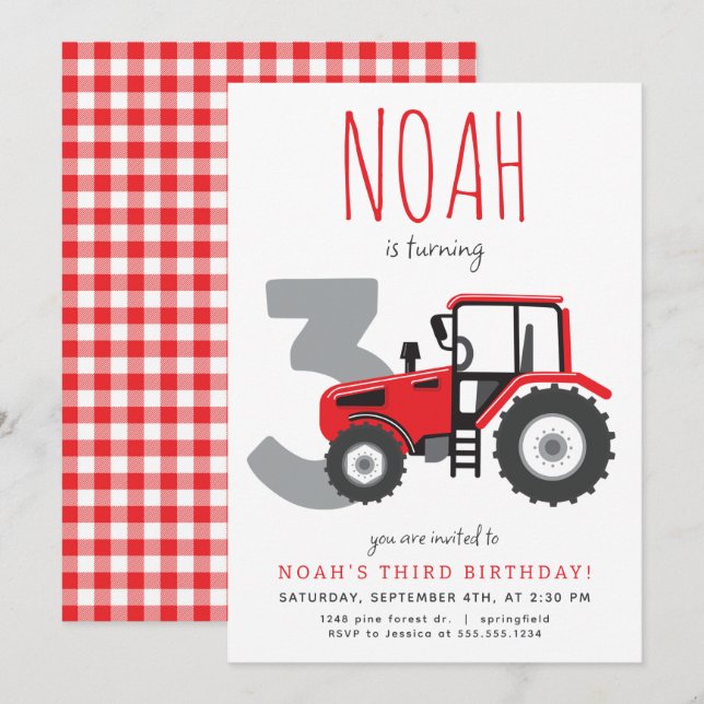 Einladung zum dritten Geburtstag von Red Tractor (Vorne/Hinten)
