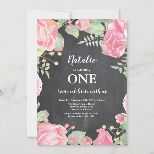 Einladung zum ersten 1. Geburtstag Pink Floral (Vorderseite)