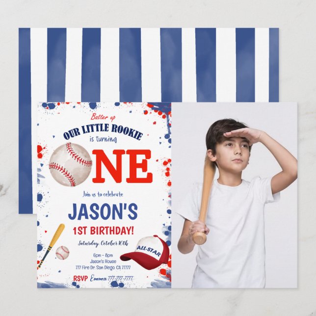 Einladung zum ersten Geburtstag Baseball-Foto (Vorne/Hinten)