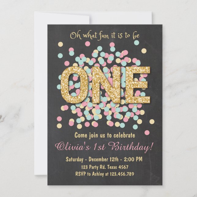 Einladung zum ersten Geburtstag Girl Pink Gold Min (Vorderseite)