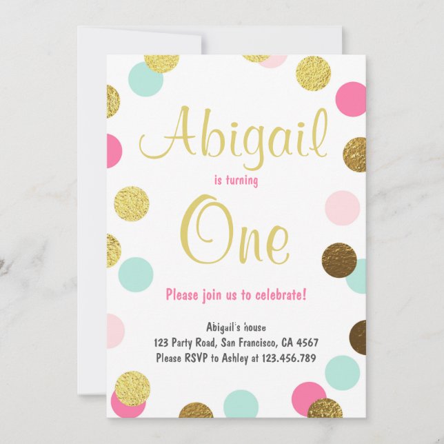 Einladung zum ersten Geburtstag Girl Pink Gold Min (Vorderseite)