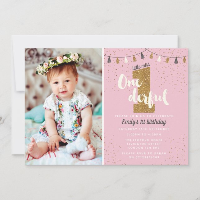 Einladung zum ersten Geburtstag - Mädchen Glitzer  (Vorderseite)