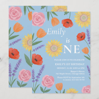 Einladung zum ersten Geburtstag mit Aquarellblumen