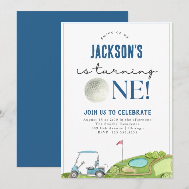 Einladung zum ersten Geburtstag von Golf Boy (Vorne/Hinten)