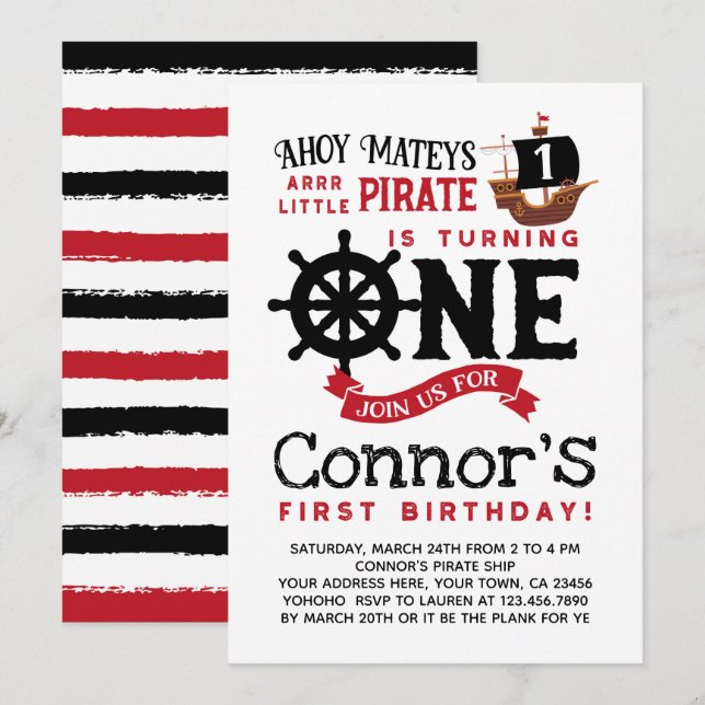 Einladung zum ersten Geburtstag von Pirate (Vorne/Hinten)