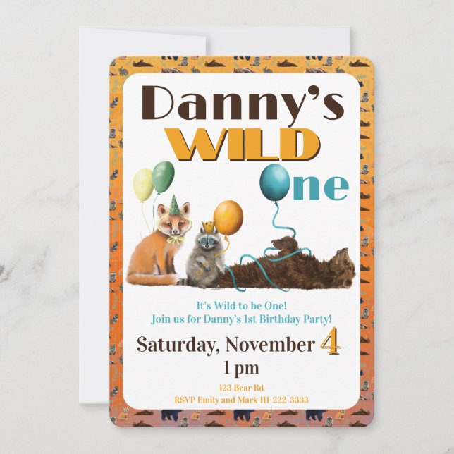 Einladung zum ersten Geburtstag - Wilde Tiere (Vorderseite)