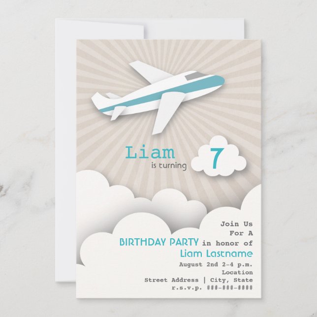 Einladung zum Geburtstag des Flugzeugs - Blau (Vorderseite)
