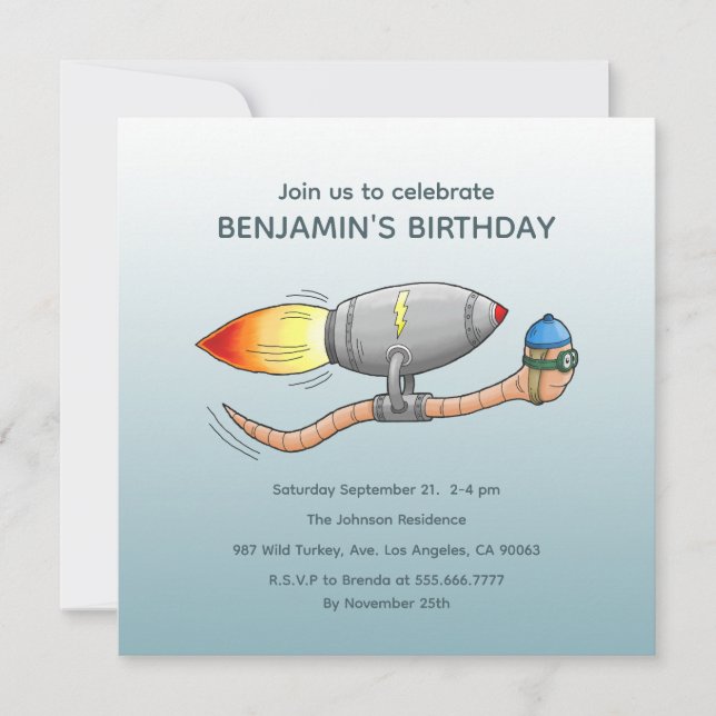 Einladung zum Geburtstag eines Speedy Rocket Worms (Vorderseite)