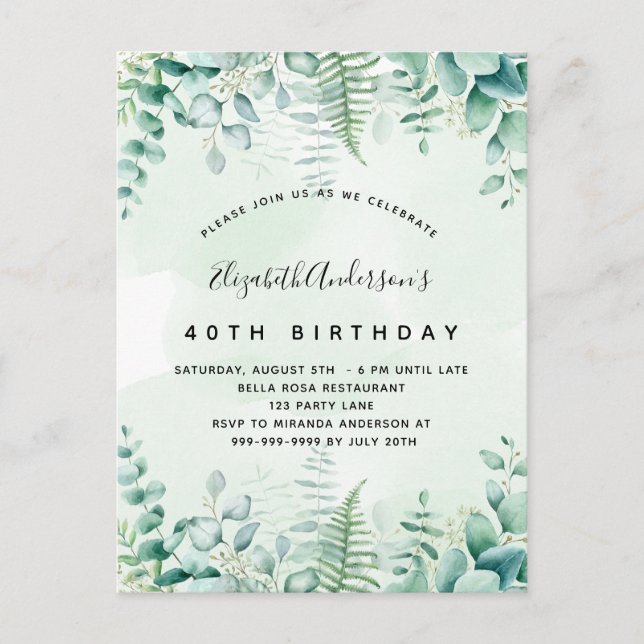 Einladung zum Geburtstag Eukalyptus-Grünwald Postkarte (Vorderseite)