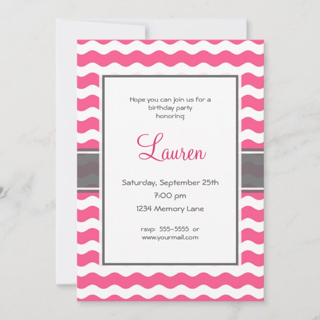 Einladung zum Geburtstag in Rosa und Grau (Vorderseite)