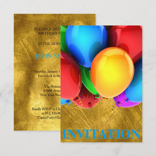 Einladung zum Geburtstag Karneval Ballons Gold (Vorne/Hinten)