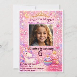Einladung zum Geburtstag mit Foto von Einhorn Rosa