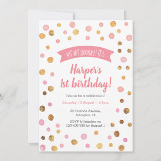 Einladung zum Geburtstag | Rosa und goldene Konfet