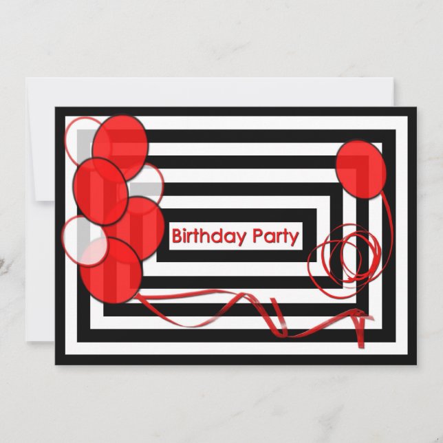 Einladung zum Geburtstag - Schwarz/Weiß, Rote Ball (Vorderseite)