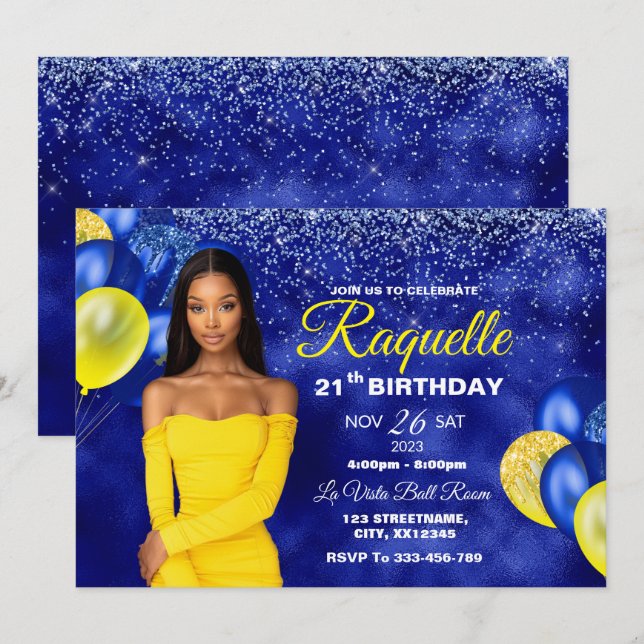 Einladung zum Geburtstag von Royal Blue und Yellow (Vorne/Hinten)