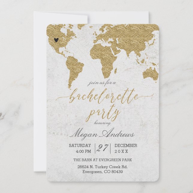 Einladung zum Gold Foil World Map Junggeselinnen-A (Vorderseite)