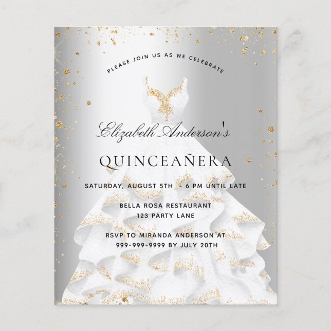 Einladung zum Goldkleid aus Quinceanera (Vorderseite)