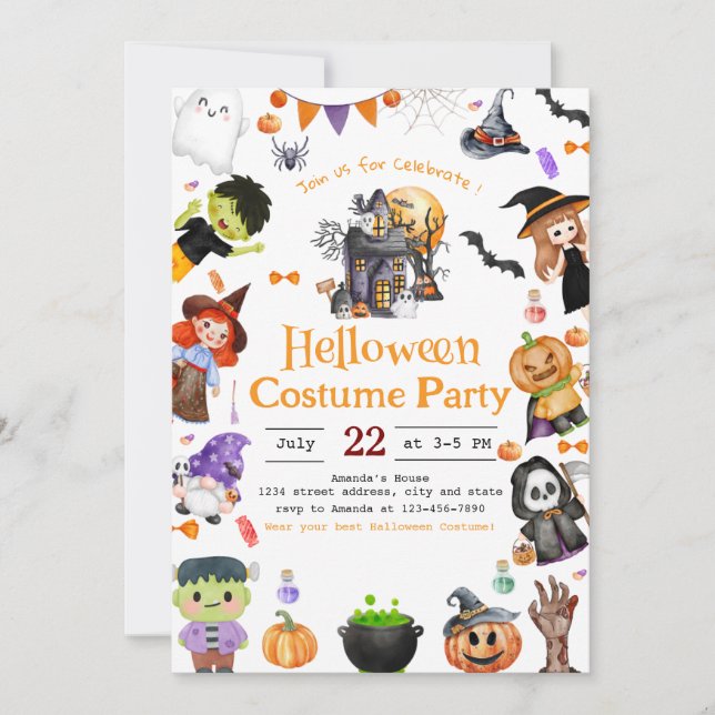 Einladung zum Halloween-Party niedliche Kostüme (Vorderseite)