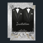 Einladung zum Hochzeitsfeiern<br><div class="desc">Elegante Gay Hochzeit Einladung mit schwarzen Tuxedos und silbernen Rose</div>