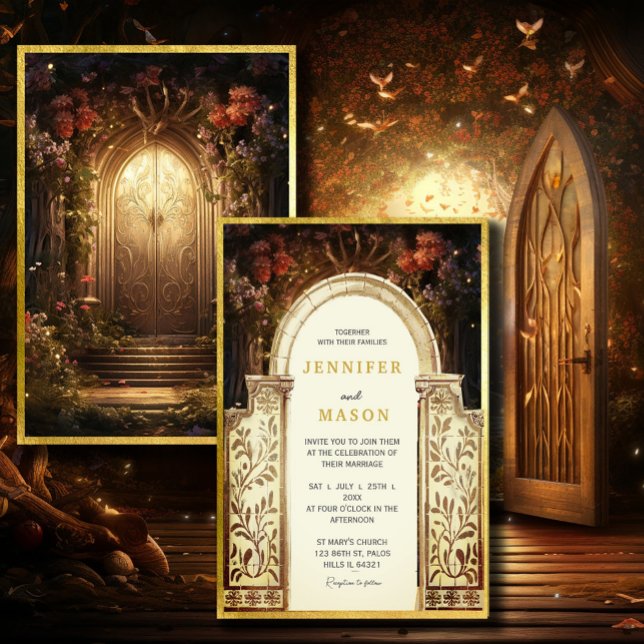 Einladung zum Hochzeitsfeiern im bezaubernden Gart (Enchanted Garden Gate Wedding Invitation #zazzlemade #dreamyinvitation#zazzlefinds #vintagefairytale)