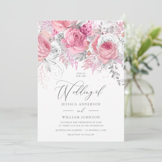 Einladung zum Hochzeitsfeiern in Silver & Pink (Stehend Vorderseite)