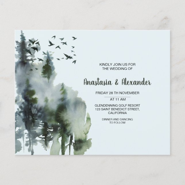 Einladung zum Hochzeitsfeiern mit Aquarellwald. Flyer (Vorne)