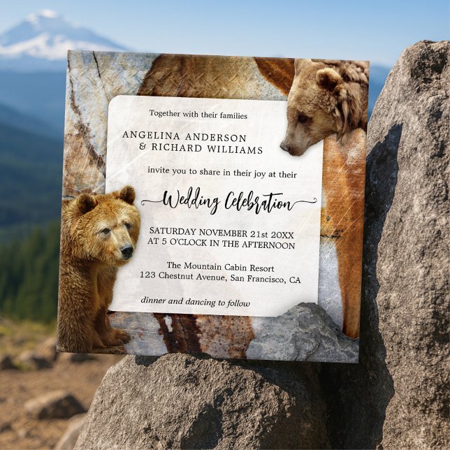 Einladung zum Hochzeitsfeiern mit Industriegranit (Industrial design wedding invitation featuring bears on a granite stone background)