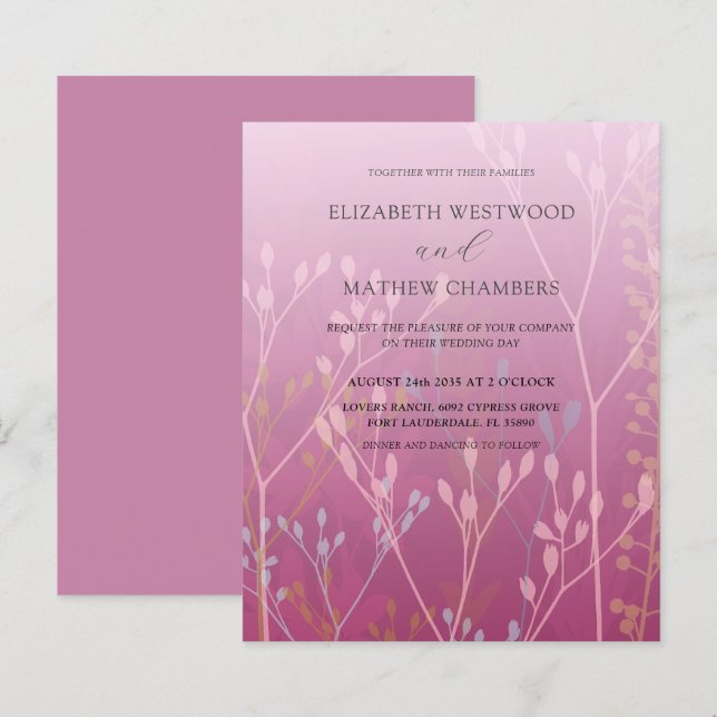 Einladung zum Hochzeitsfeiern mit rosa Grass & Fol (Vorne/Hinten)