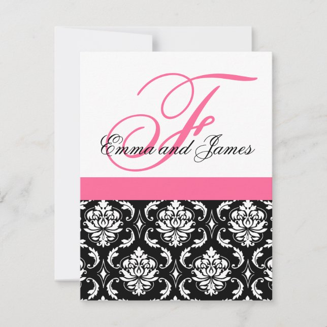 Einladung zum Hochzeitsfeiern Monogram Pink Damask (Vorderseite)