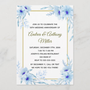 Einladung zum Hochzeitstag Blumenblauer Gold