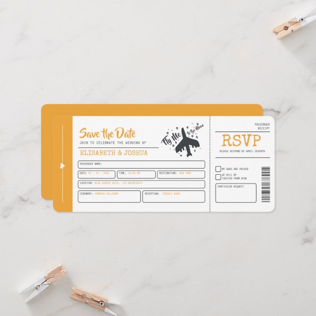Einladung zum Hochzeitsticket für Flugzeug (Vorderseite/Rückseite Beispiel)