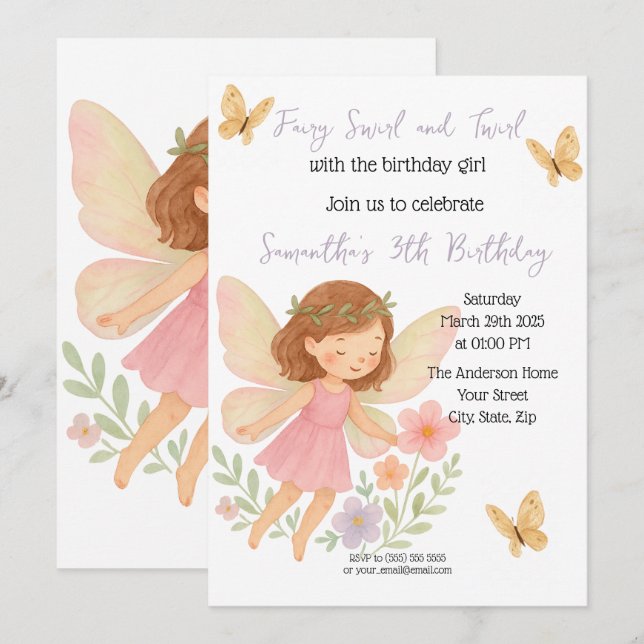 Einladung zum Kindergeburtstag mit Fairy-Themed (Vorne/Hinten)