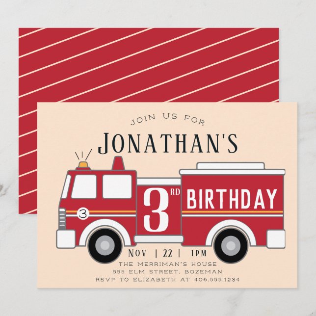 Einladung zum Kindergeburtstag von Feuerwehrfahrze (Vorne/Hinten)