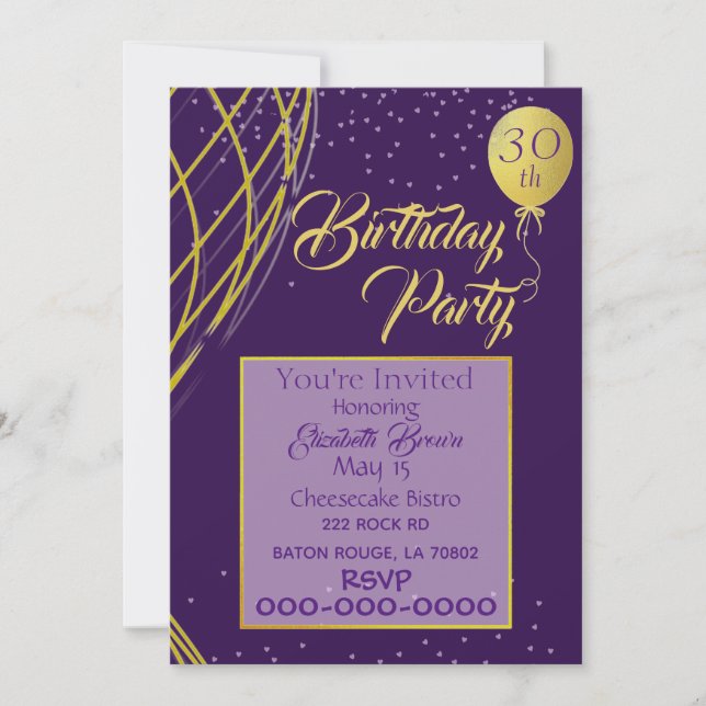 Einladung zum lila und goldenen Geburtstag (Vorderseite)