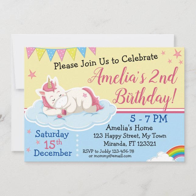 Einladung zum niedlichen Einhorn-Geburtstag (Vorderseite)