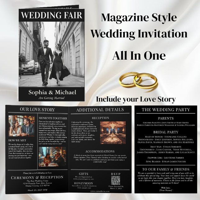 Einladung zum Schwarz-Weiß-Hochzeitsmagazin (Black and White Wedding Magazine Cover Invitation-All in One)